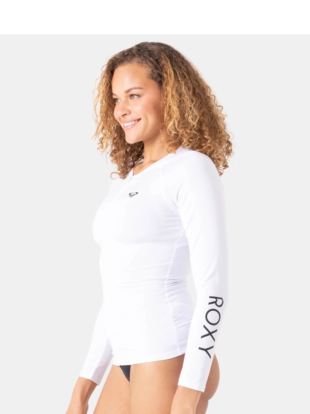 New essentials Roxy Women's White Long Sleeve Rash zip Guard with Sleeve Logo